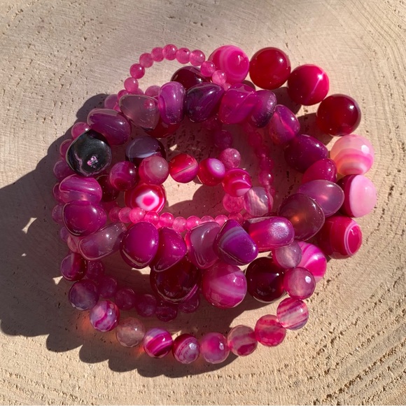 Natural Pink Striped Agate & Genuine Tourmaline Pink Quartz Gemstone Bracelet - Picture 5 of 15